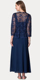 Long Chiffon Navy Blue Mother of Groom Dress Lace 3/4 length Sleeve Jacket