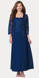 Long Chiffon Navy Blue Mother of Groom Dress Lace 3/4 length Sleeve Jacket