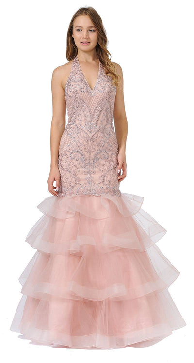 Tiered Halter V-Neck Long Prom Dress Mauve