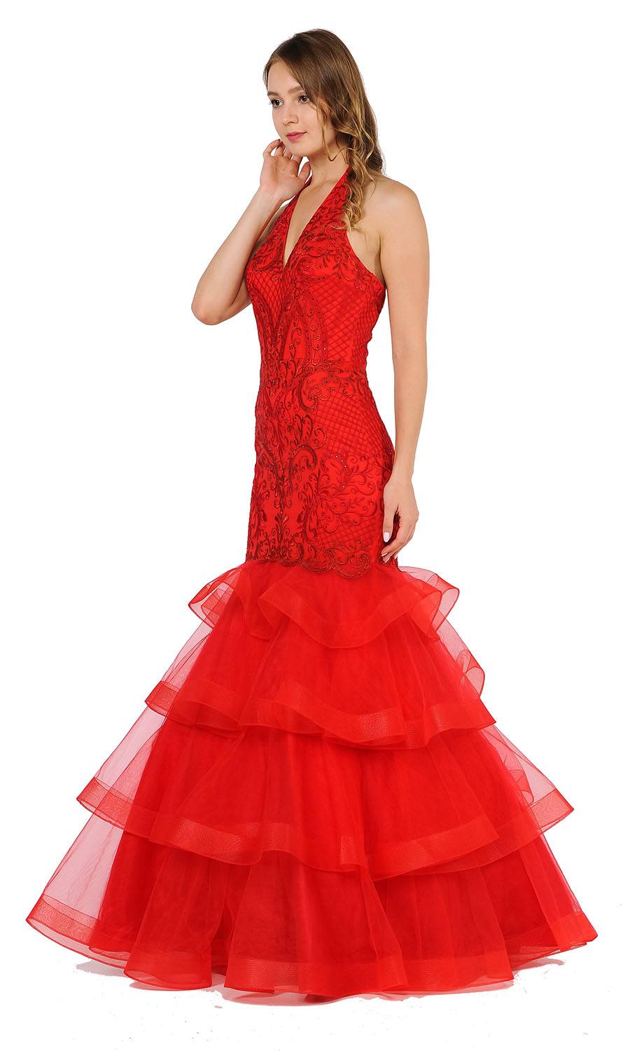 Tiered Halter V-Neck Long Prom Dress Red