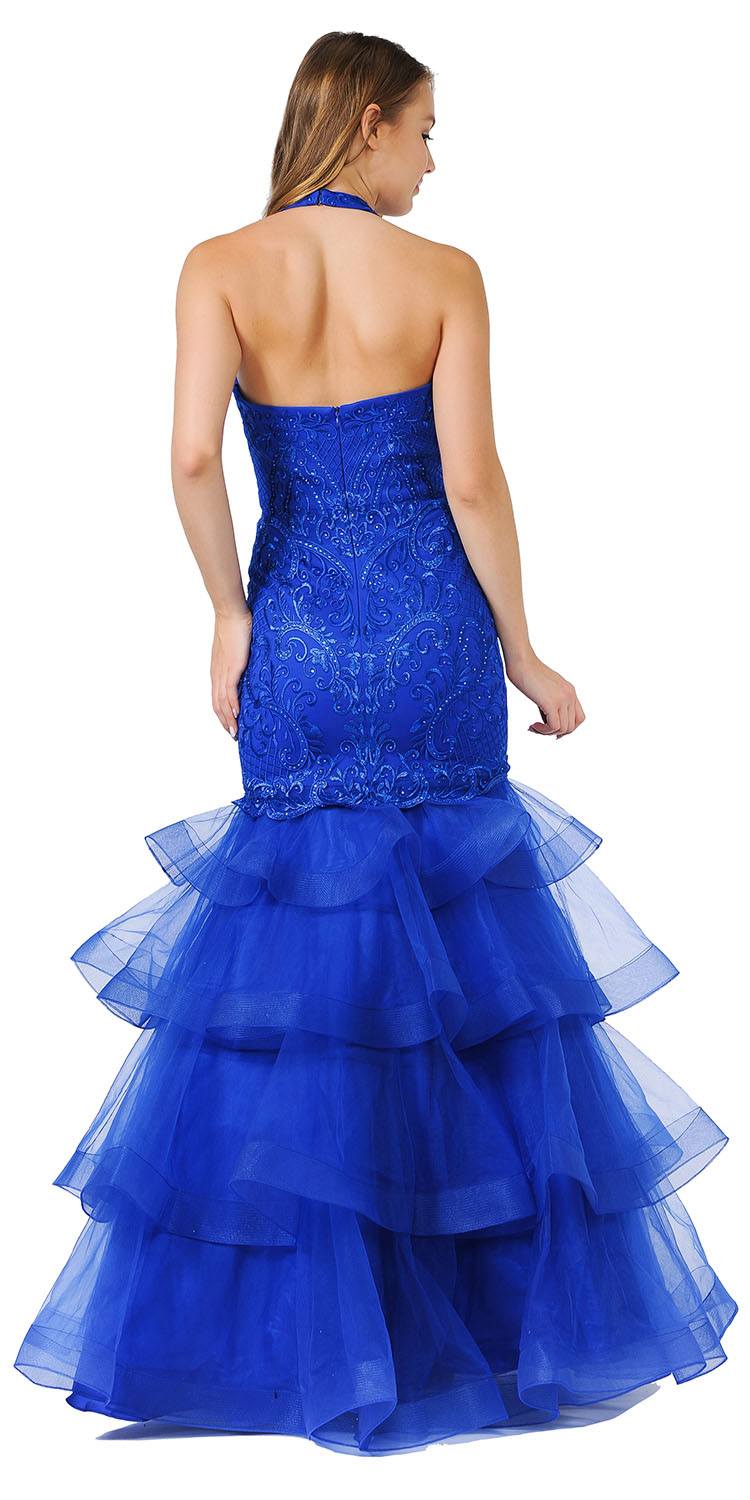 Tiered Halter V-Neck Long Prom Dress Royal Blue