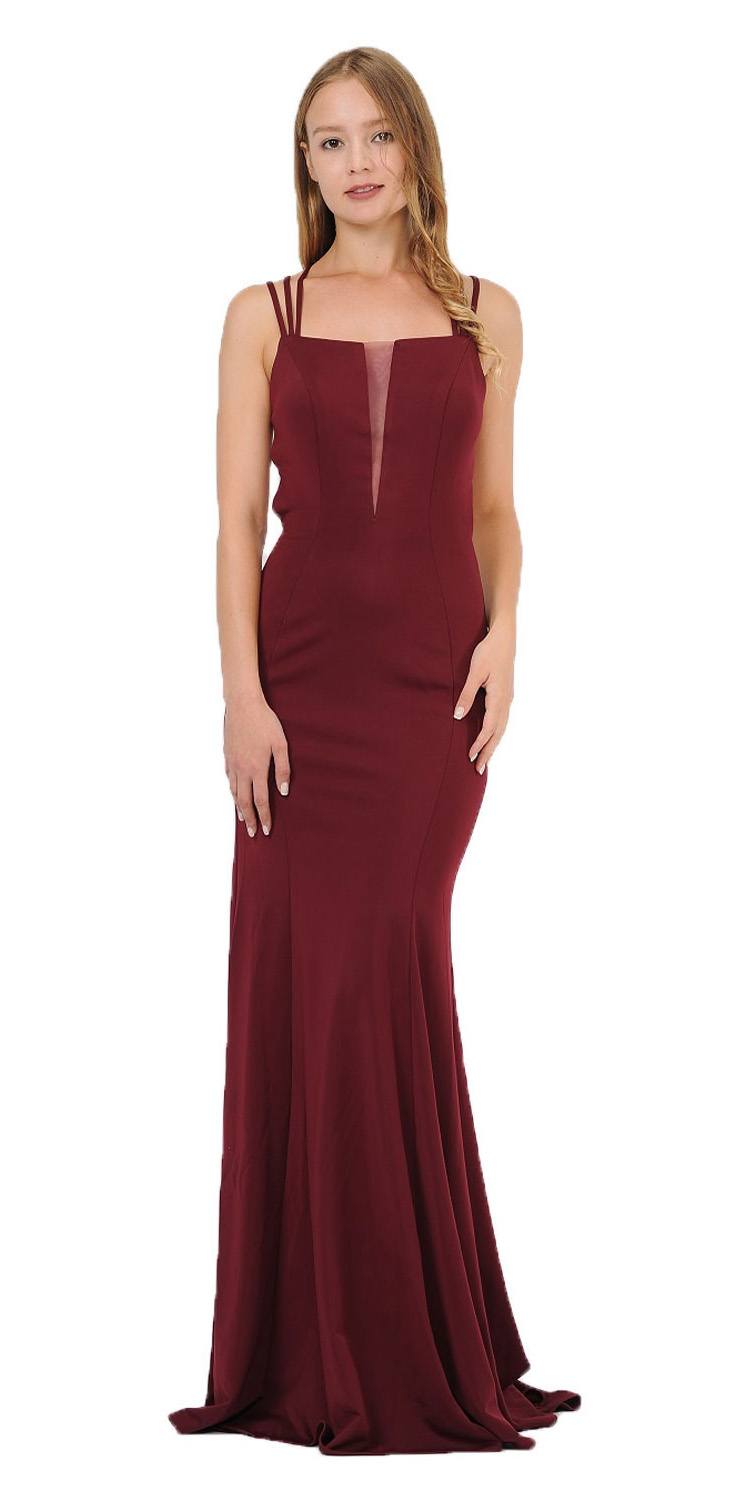 Poly USA 8468 Burgundy Long Prom Dress with Strappy Open-Back