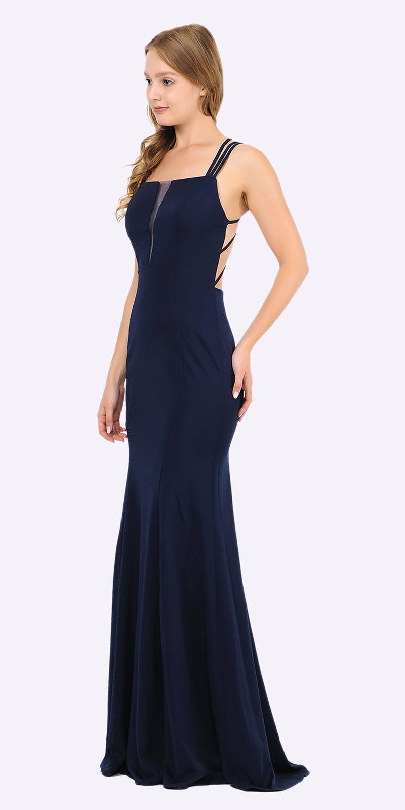 Poly USA 8468 Navy Blue Long Prom Dress with Strappy Open-Back