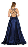 Navy Blue A-Line Long Prom Dress Strappy Back