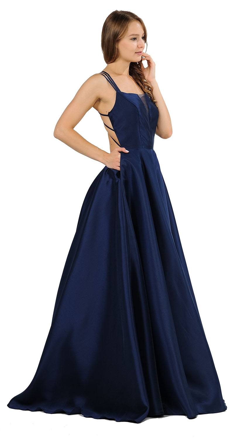 Navy Blue A-Line Long Prom Dress Strappy Back