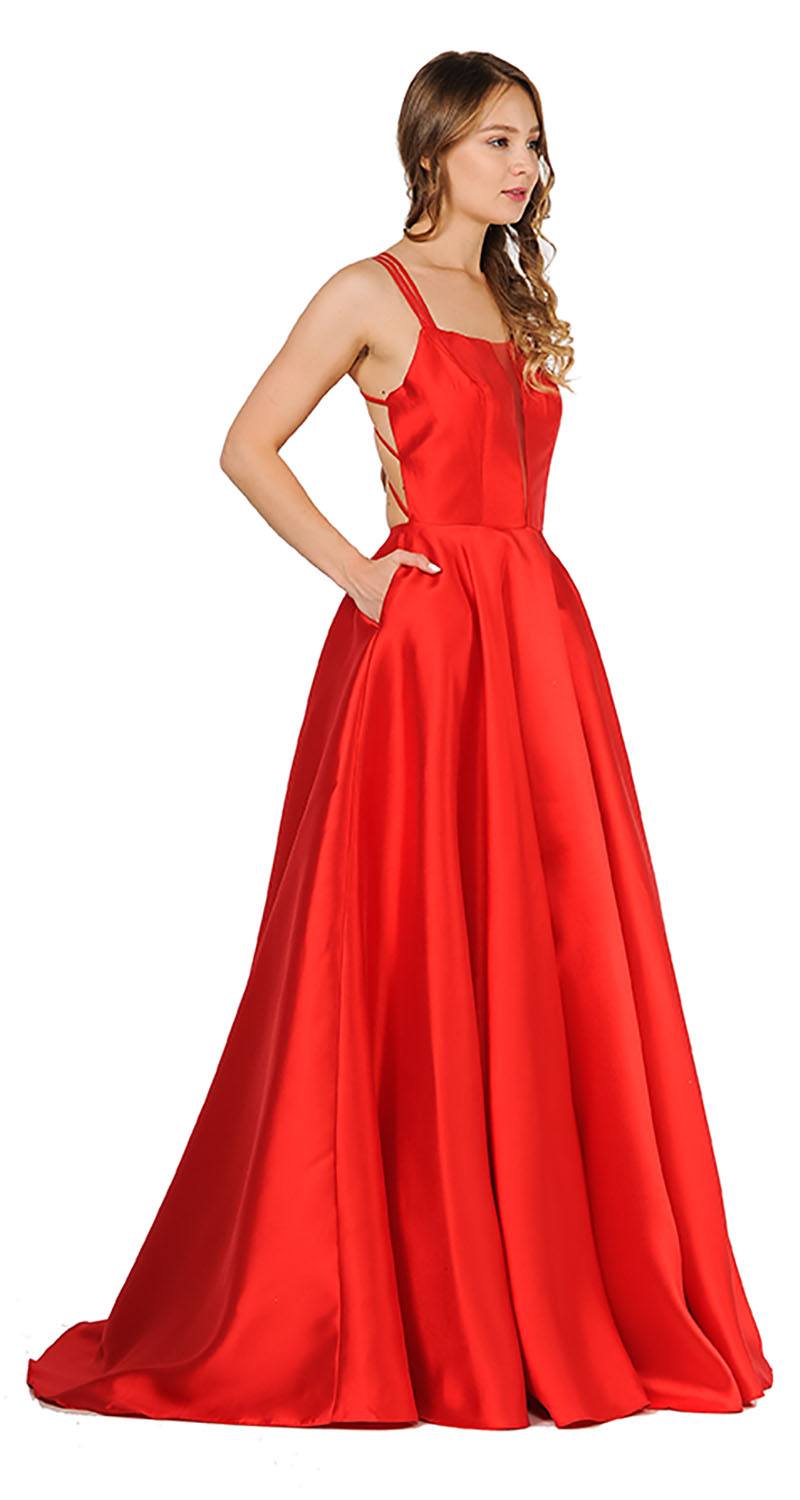 Red A-Line Long Prom Dress Strappy Back