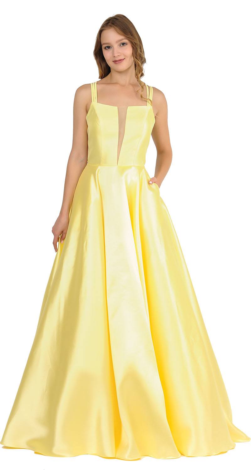 Yellow A-Line Long Prom Dress Strappy Back