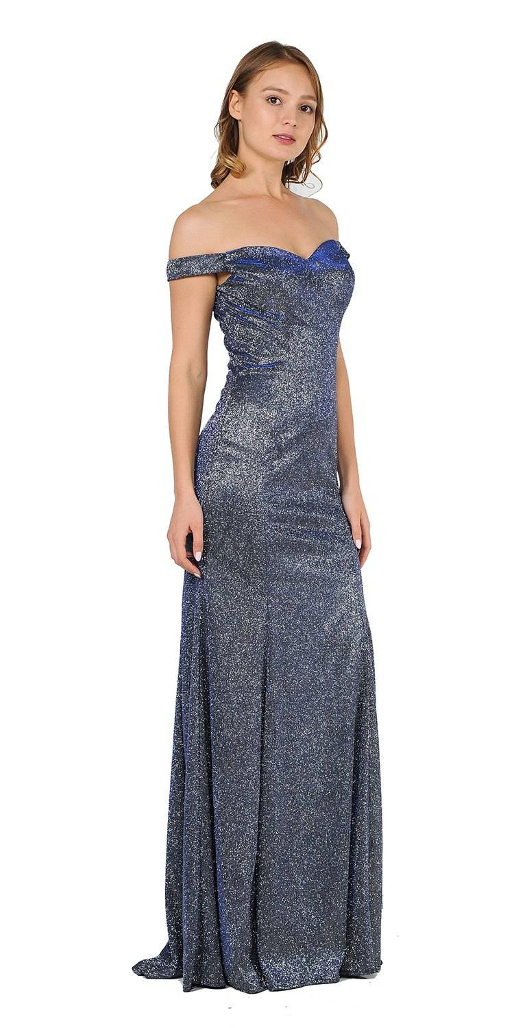 Off-Shoulder Glitter Long Prom Dress Royal Blue
