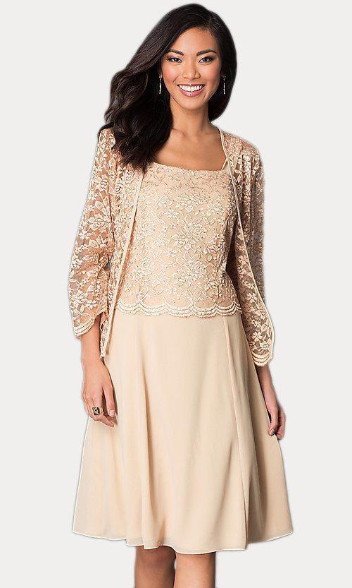 Short Gold Mother of Groom Dress Chiffon Knee Length Lace Jacket