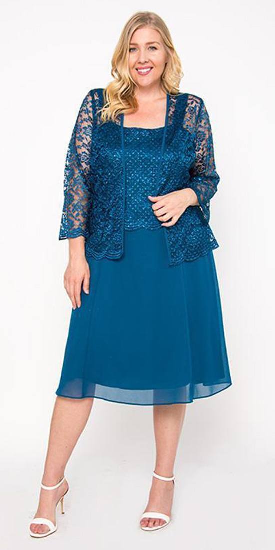 Short Teal Mother of Groom Dress Chiffon Knee Length Lace Jacket