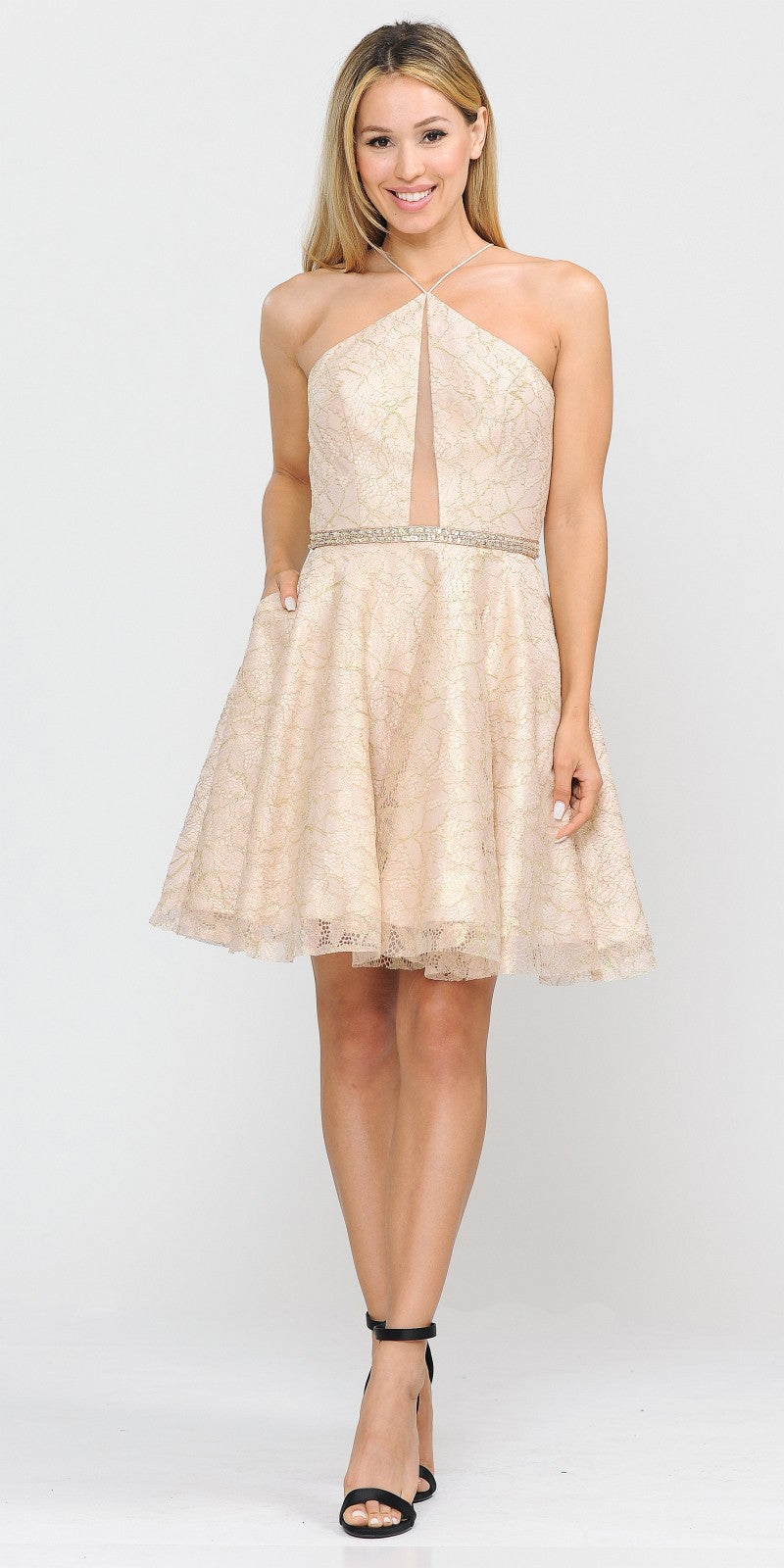 Short Halter Homecoming Dress Cut-Out Back Champagne