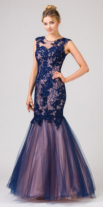 Cut-Out Back Navy/Blush Mermaid Long Prom Dress 