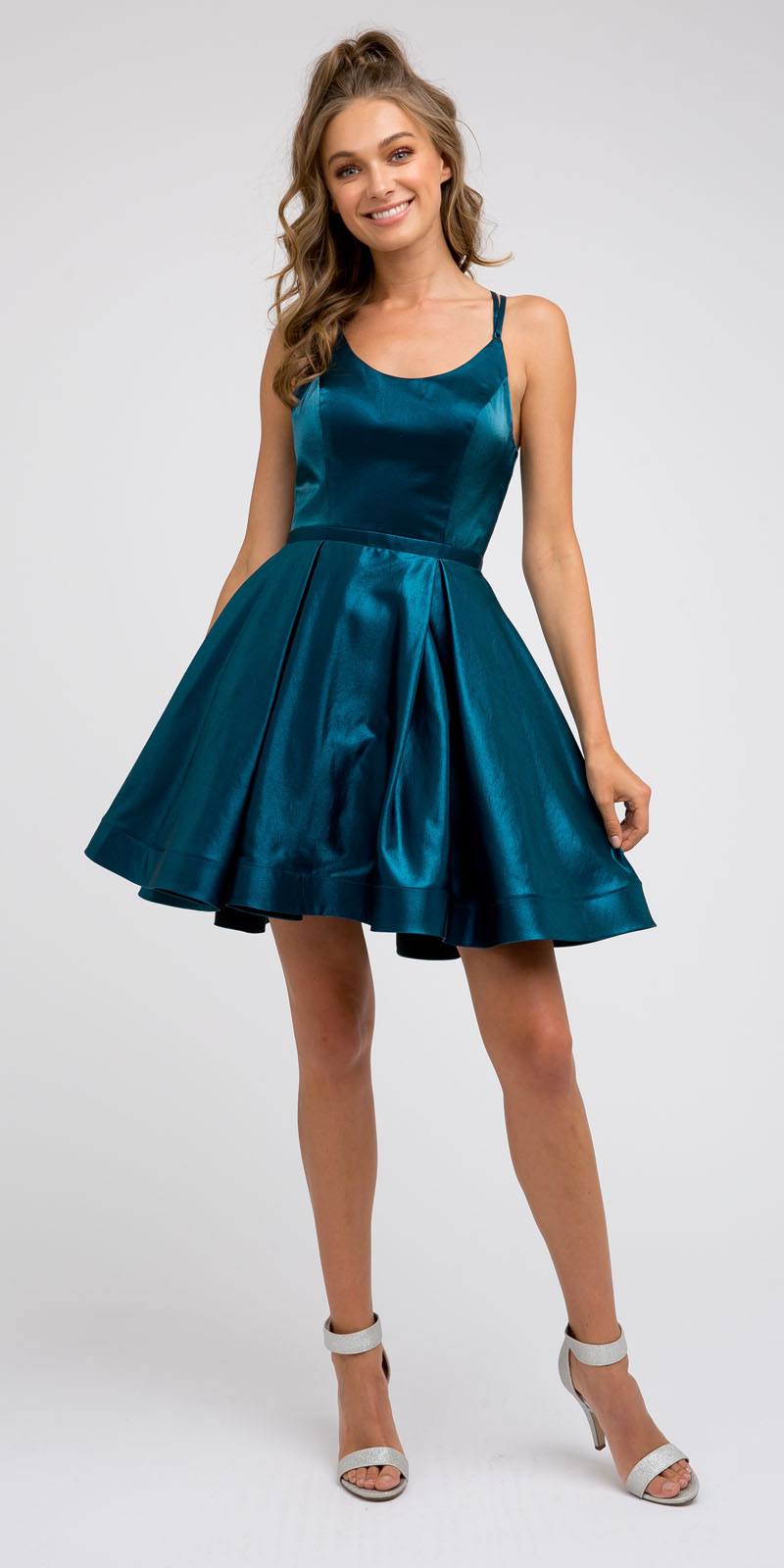 Caged-Back Homecoming Short Dress Teal with Pockets
