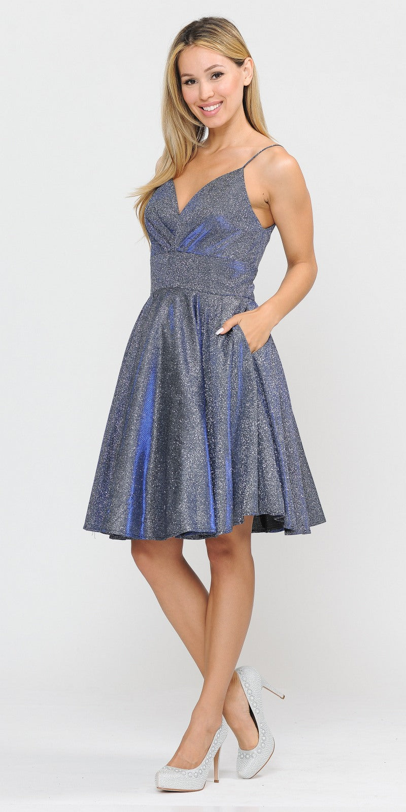 Poly USA 8530 Royal Blue V-Neck Homecoming Short Dress with Pockets 