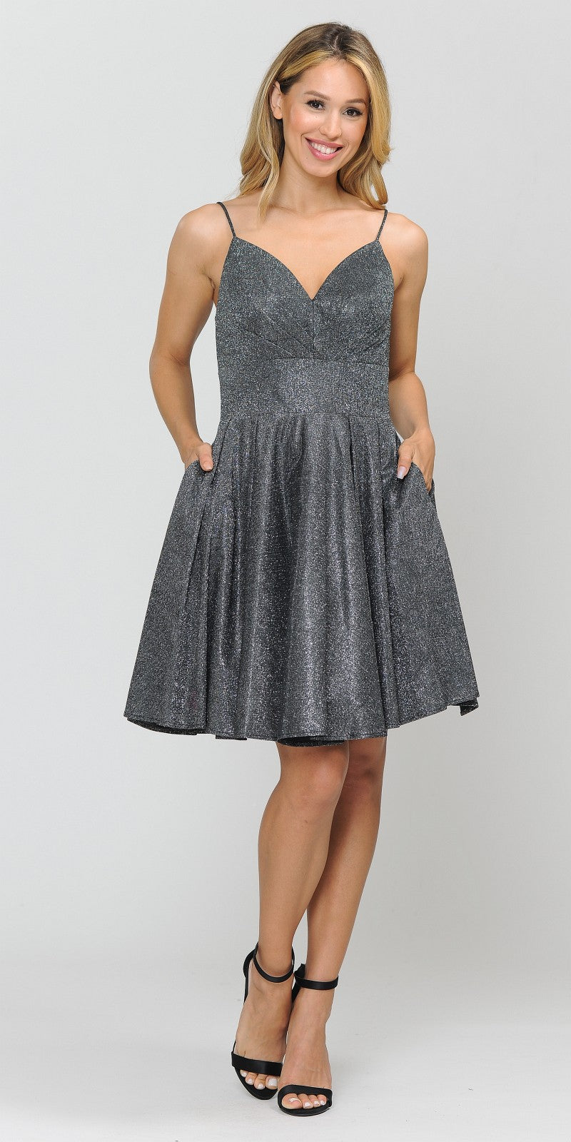Poly USA 8530 Silver Black V-Neck Homecoming Short Dress with Pockets 