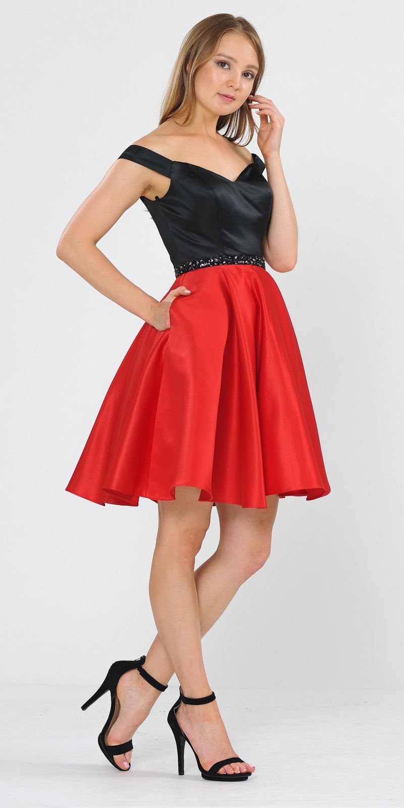 Black/Red Off-Shoulder Homecoming Short Dress