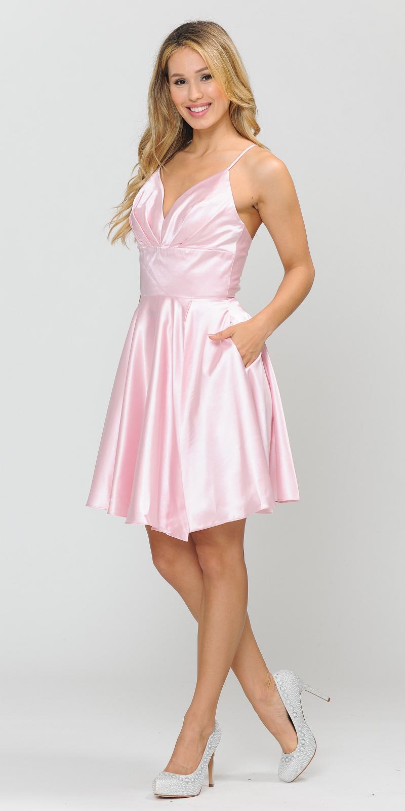 Poly USA 8536 Pink Short Homecoming Romper Dress V-Neck
