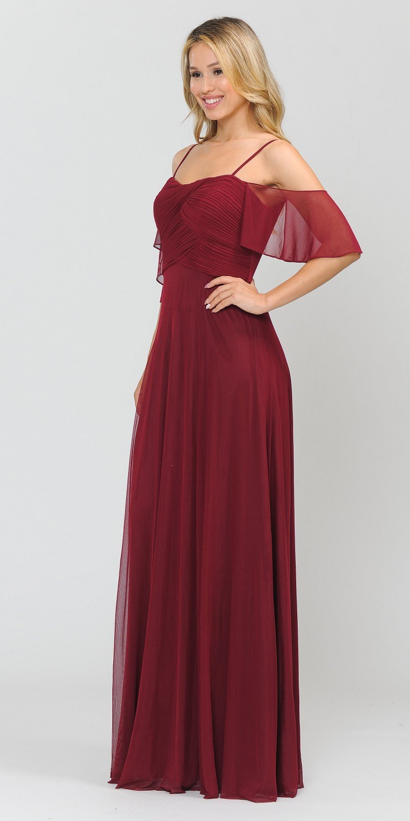 A-Line Cold-Shoulder Long Formal Dress Burgundy