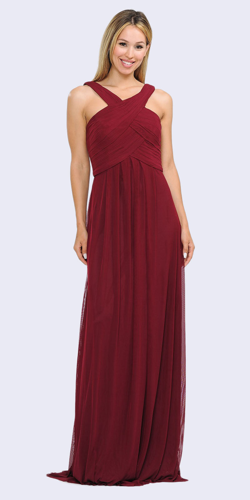 Burgundy A-Line Long Formal Dress Pleated Bodice