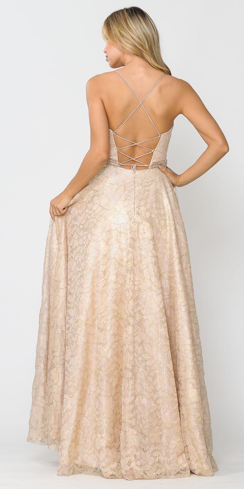 Poly USA 8562 Embellished Waist Lace Long Prom Dress Champagne