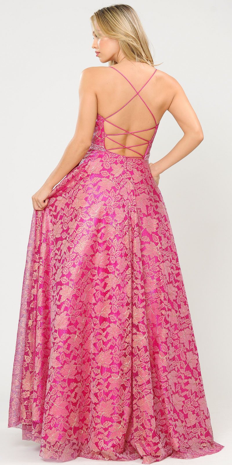 Poly USA 8562 Embellished Waist Lace Long Prom Dress Magenta/Fuchsia