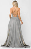 Poly USA 8574 Long Glitter Prom Dress Silver Spaghetti Straps with Pockets