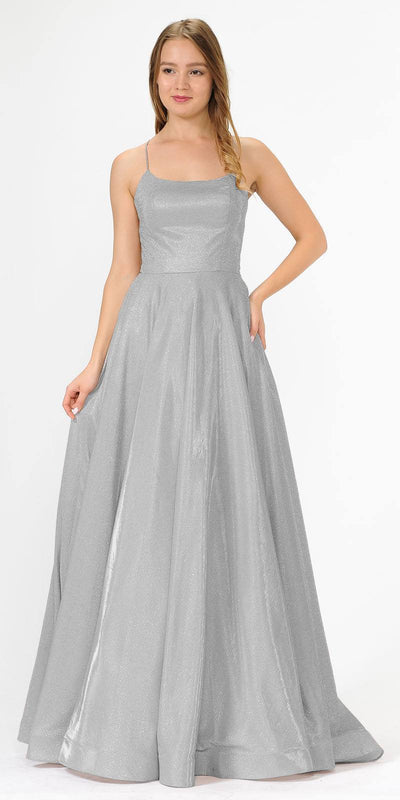 Poly USA 8574 Long Glitter Prom Dress Silver Spaghetti Straps with Pockets
