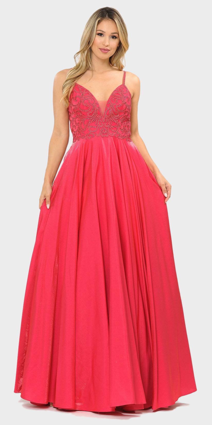 Poly USA 8576 Beaded Long Prom Dress with Pockets Hot Pink