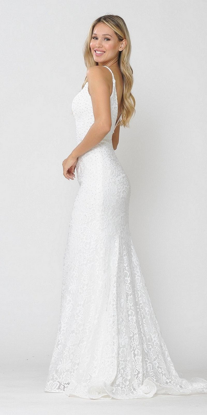 Beaded Lace Mermaid Style Long Prom Dress Off White