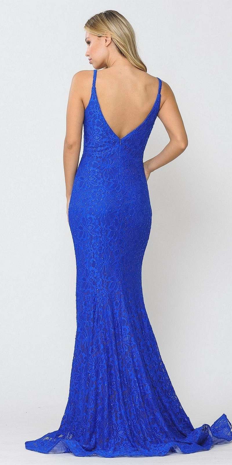 Beaded Lace Mermaid Style Long Prom Dress Royal Blue
