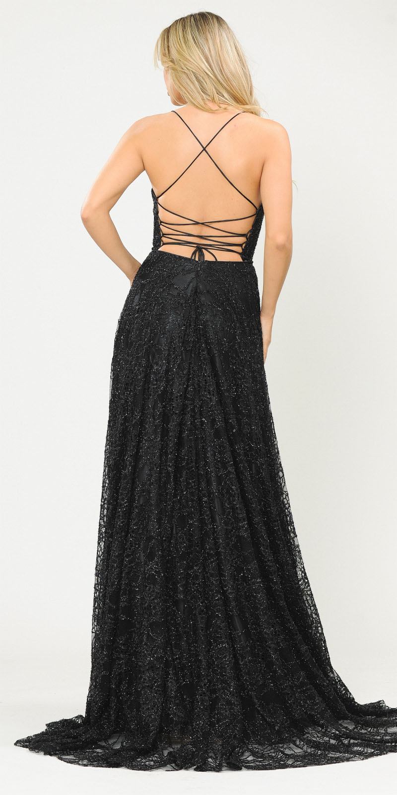 Lace-Up Back A-Line Metallic Lace Long Prom Dress Black