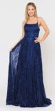 Lace-Up Back A-Line Metallic Lace Long Prom Dress Navy Blue