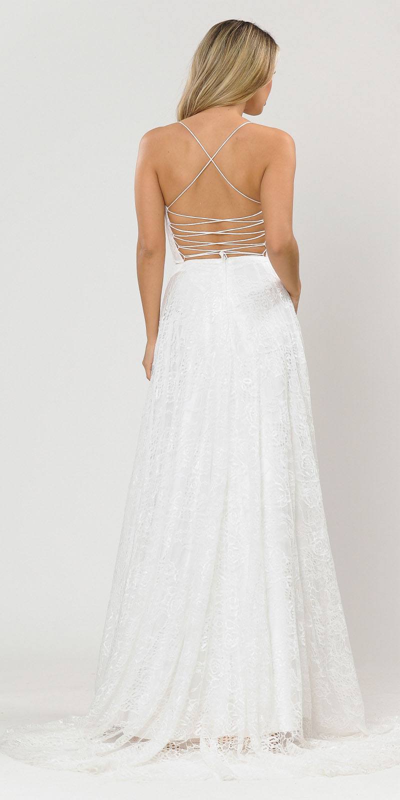 Lace-Up Back A-Line Metallic Lace Long Prom Dress Off White