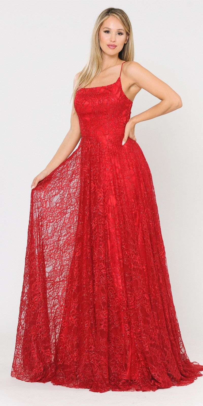 Lace-Up Back A-Line Metallic Lace Long Prom Dress Red