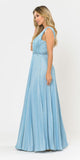 Sleeveless Pleated Long Prom Dress Beaded Waist Blue
