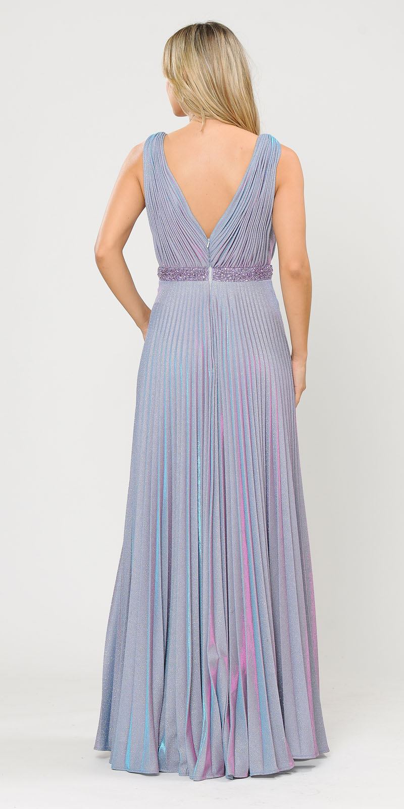 Sleeveless Pleated Long Prom Dress Beaded Waist Lavender
