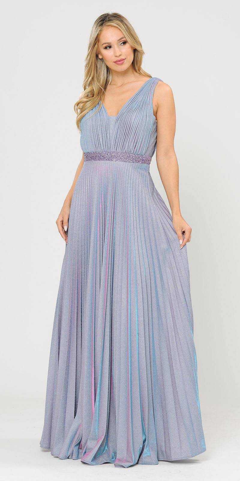 Sleeveless Pleated Long Prom Dress Beaded Waist Lavender