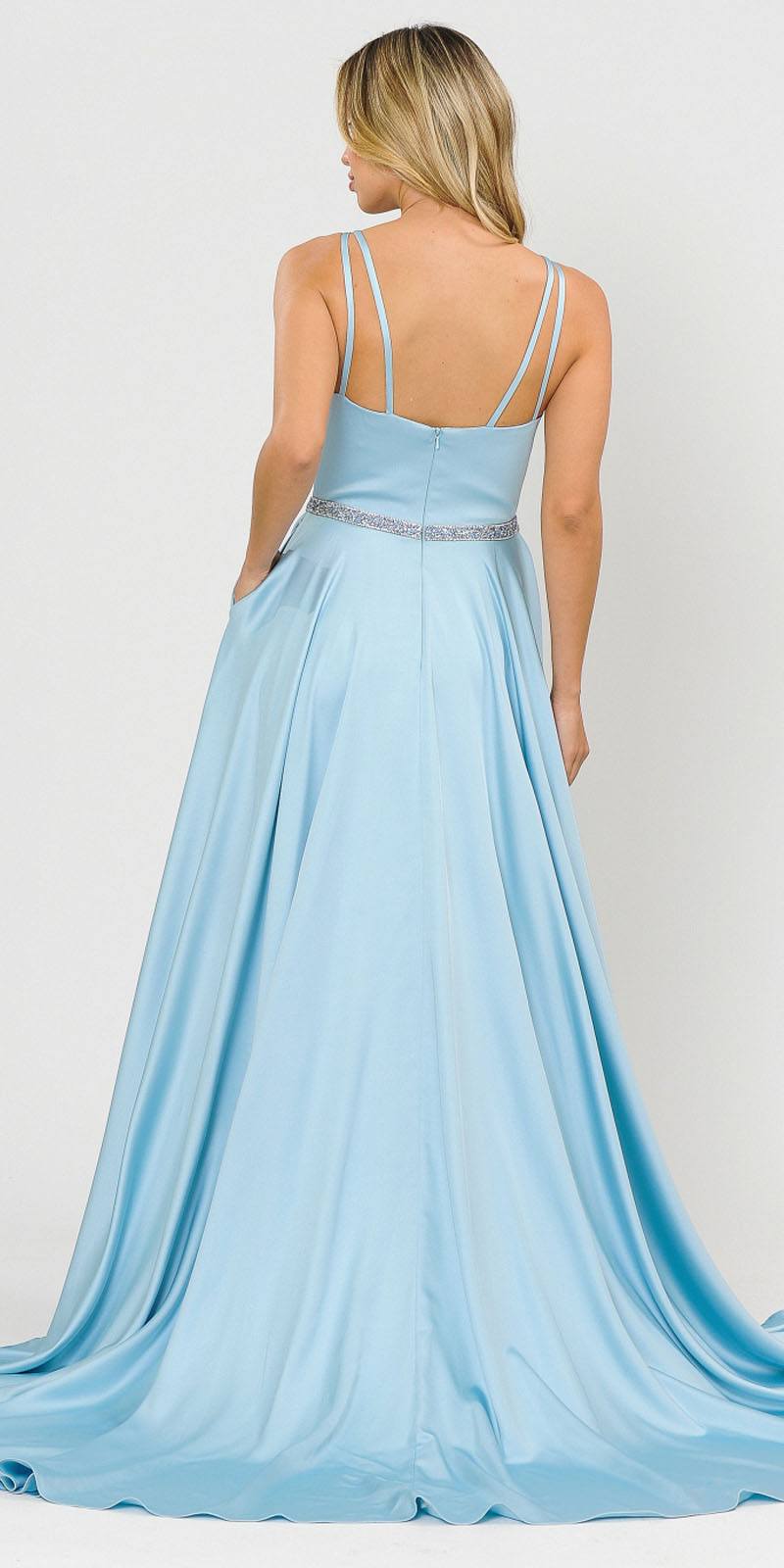 Blue Romper Style Long Prom Dress with Pockets