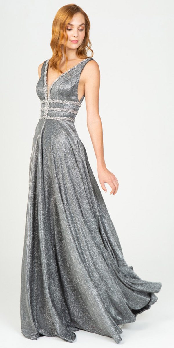 Eureka Fashion 8606 Charcoal A-Line Metallic Long Prom Dress with Pockets