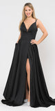 V-Neck Long Romper Prom Dress with Pockets Black