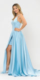 V-Neck Long Romper Prom Dress with Pockets Blue