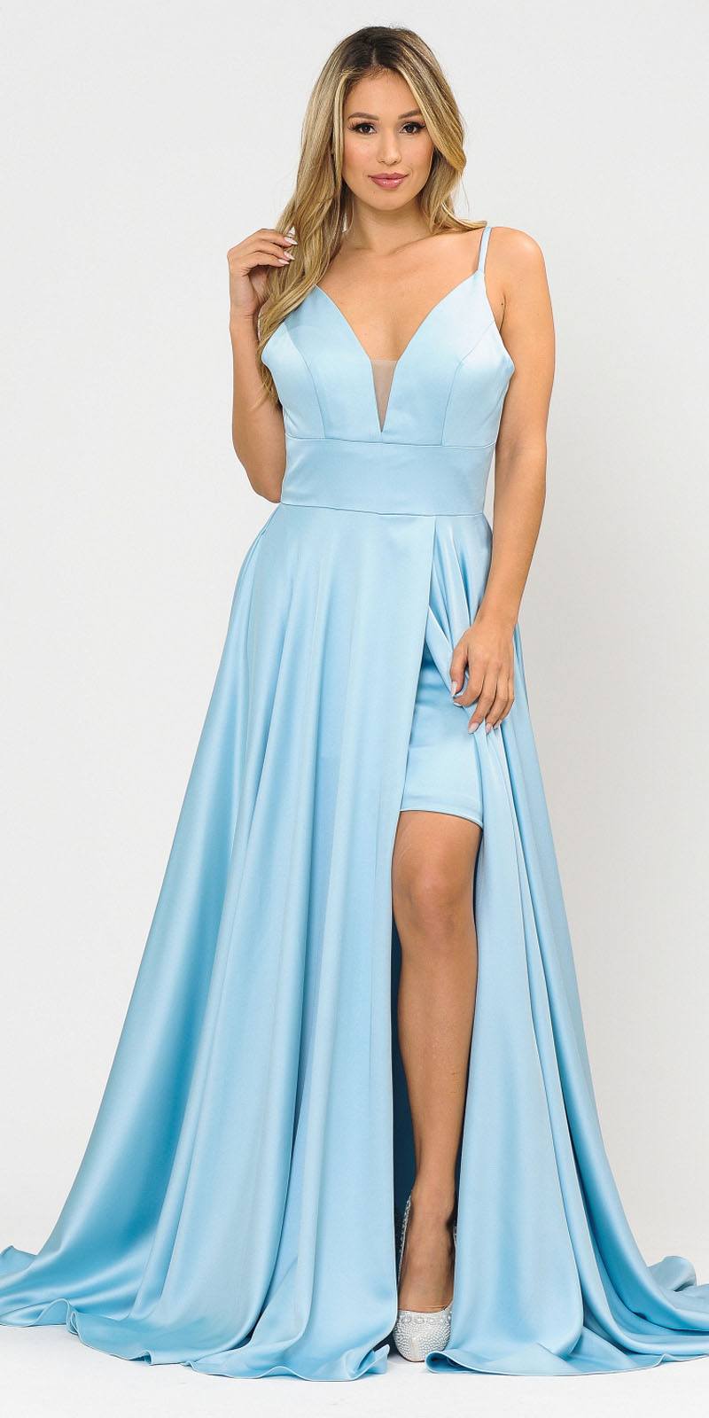 V-Neck Long Romper Prom Dress with Pockets Blue