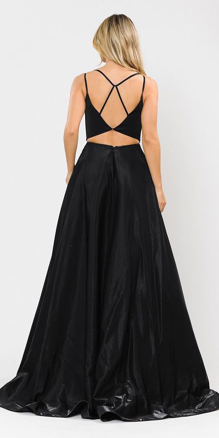 Stylish Open-Back Long Prom Dress Black with Pockets