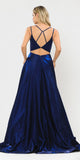 Stylish Open-Back Long Prom Dress Navy Blue with Pockets