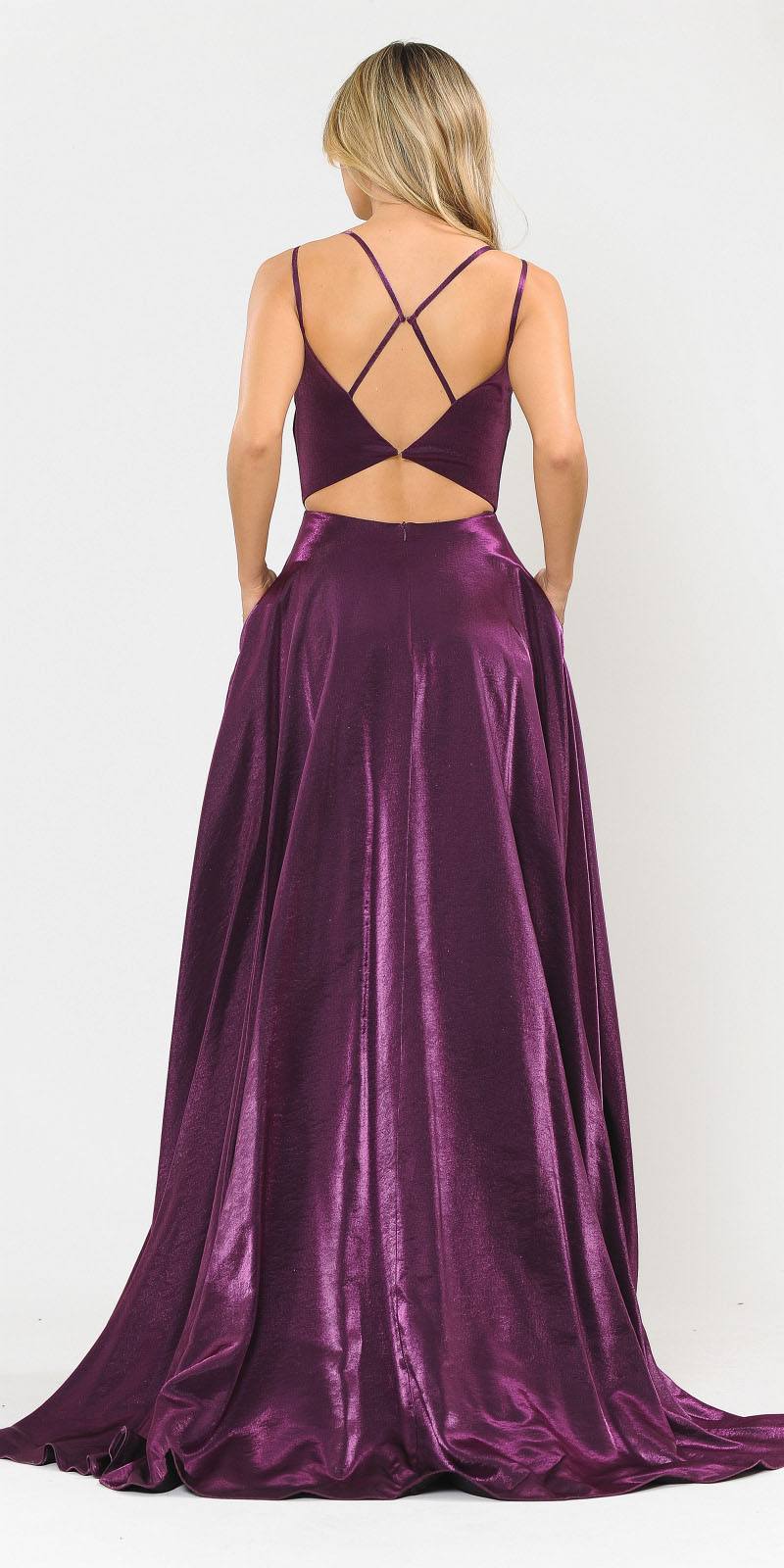 Stylish Open-Back Long Prom Dress Purple with Pockets