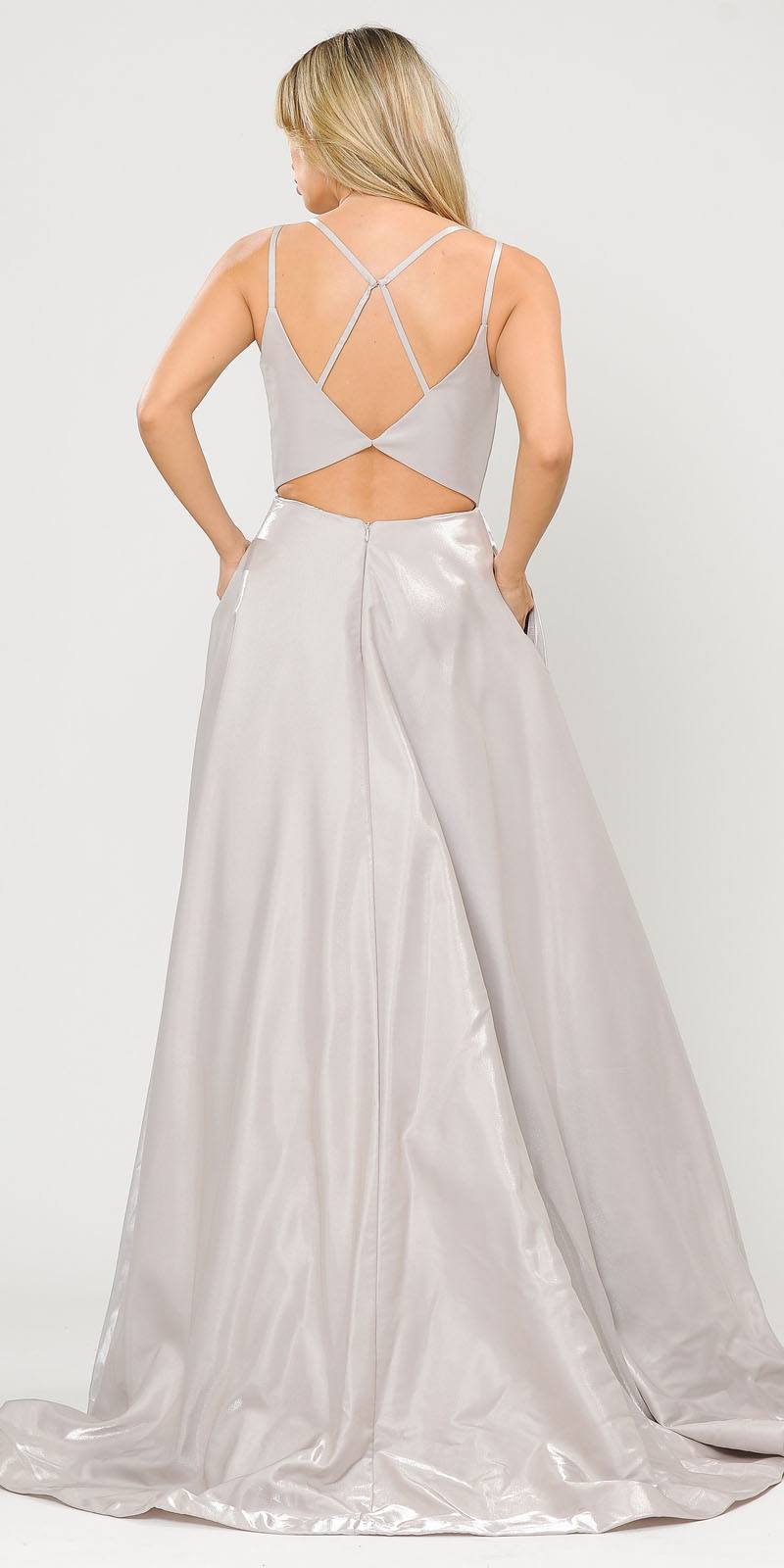 Stylish Open-Back Long Prom Dress Silver with Pockets