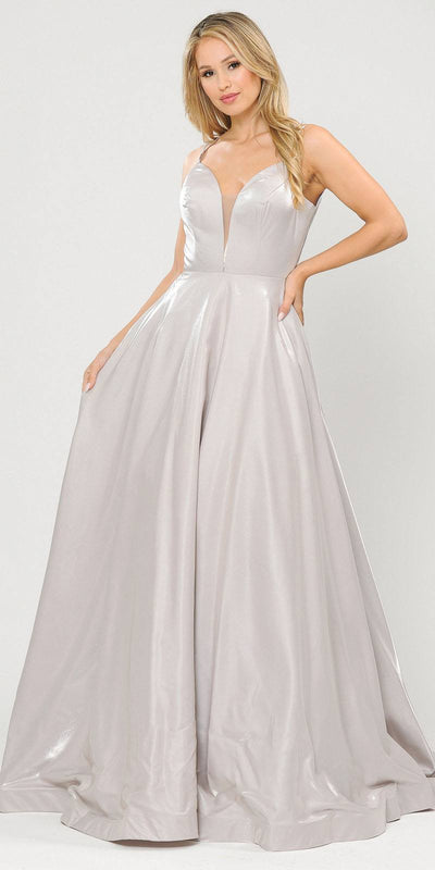 Stylish Open-Back Long Prom Dress Silver with Pockets