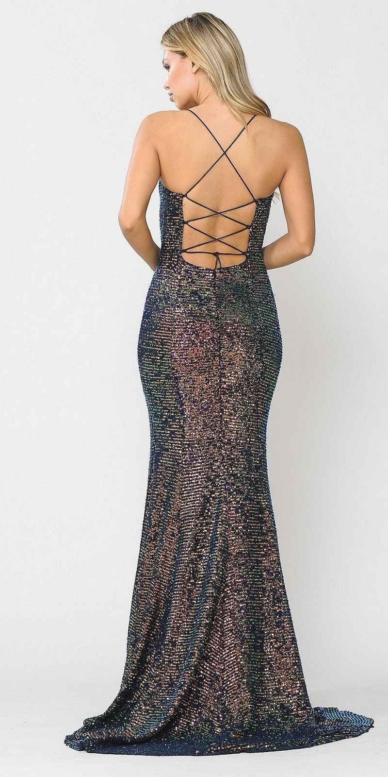 Multi-Color Lace-Up Back Long Prom Dress with Spaghetti Strap