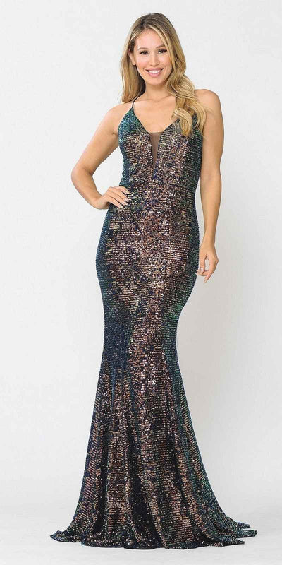 Multi-Color Lace-Up Back Long Prom Dress with Spaghetti Strap