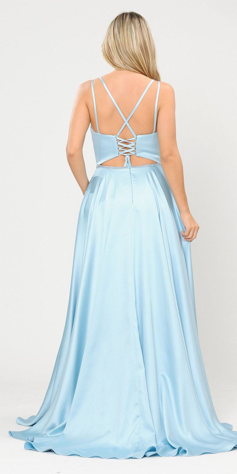 Long Romper Prom Dress with Cut-Out Lace-Up Back Blue